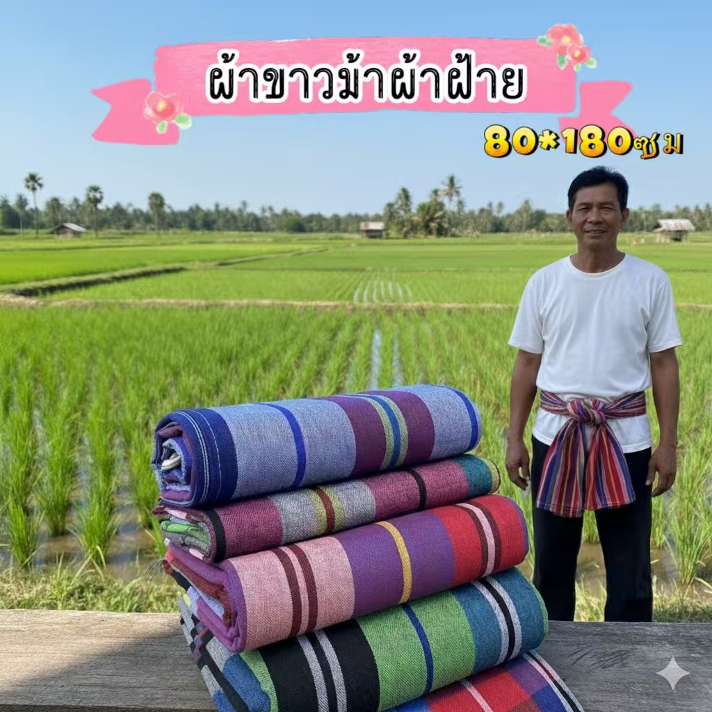 ผ้าขาวม้าบ้านไร่ ตรารถไฟ cotton100%เย็บชายทุกผืน ขนาดมาตรฐาน80*180 ผ้านิ่ม สีไม่ตก
