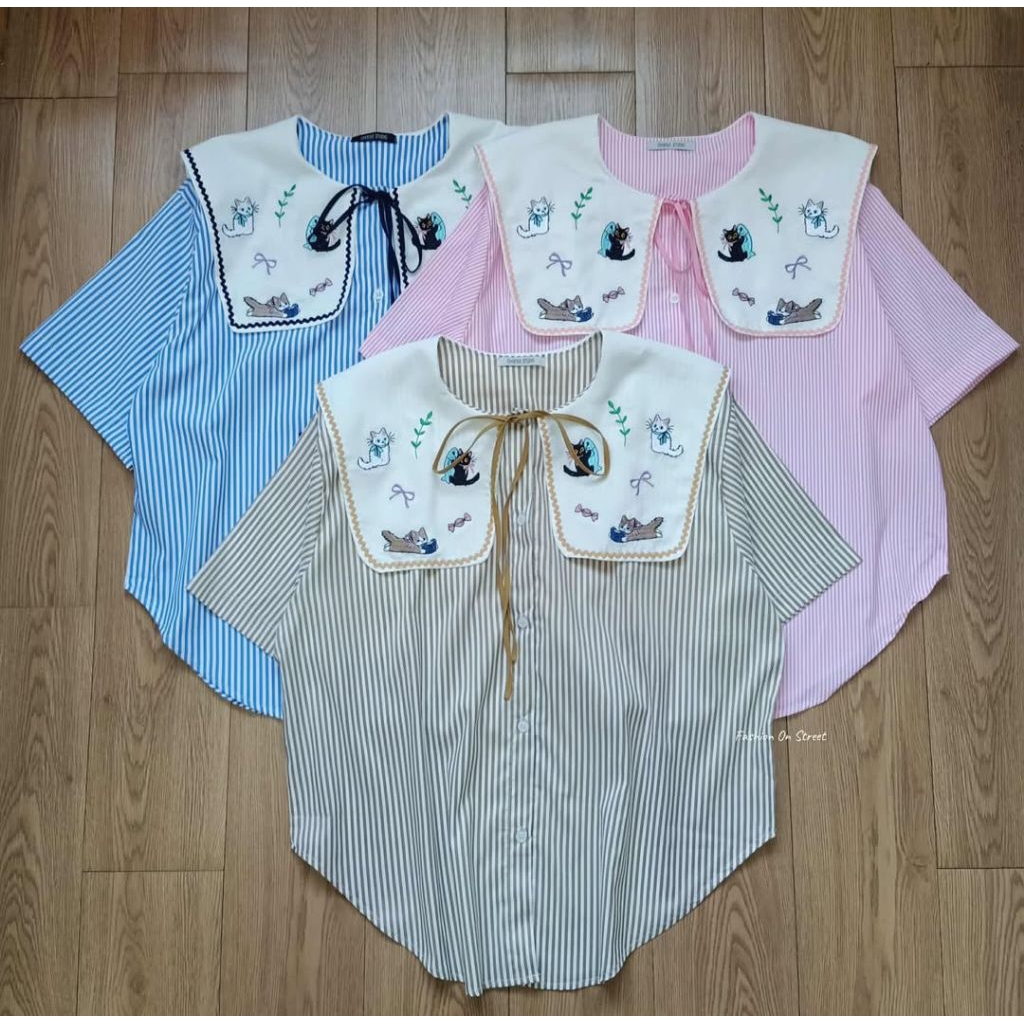 ♡ เสื้อคอปกใหญ่ปัก แขนสั้น ลายริ้ว