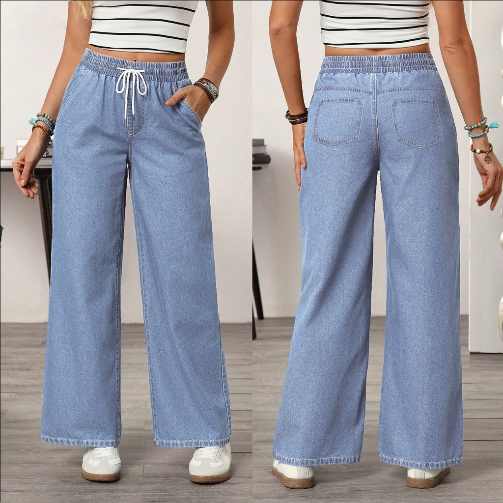 CLASHE กางเกงยีนส์เอวสูง ขากระบอกใหญ่ ใส่สบาย เนื้อผ้านุ่ม เอวยางยืด ทรงกระบอก ขนาด S-6XL สำหรับผู้ที่ต้องการความสบายและ