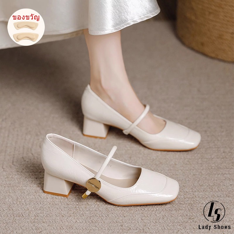 [LS] รองเท้าแมรี่เจนส้นสูง 2 นิ้ว สีเบจ หัวสี่เหลี่ยม สไตล์เกาหลี ใส่ได้ทั้งทำงานและเที่ยวสวยสง่างาม