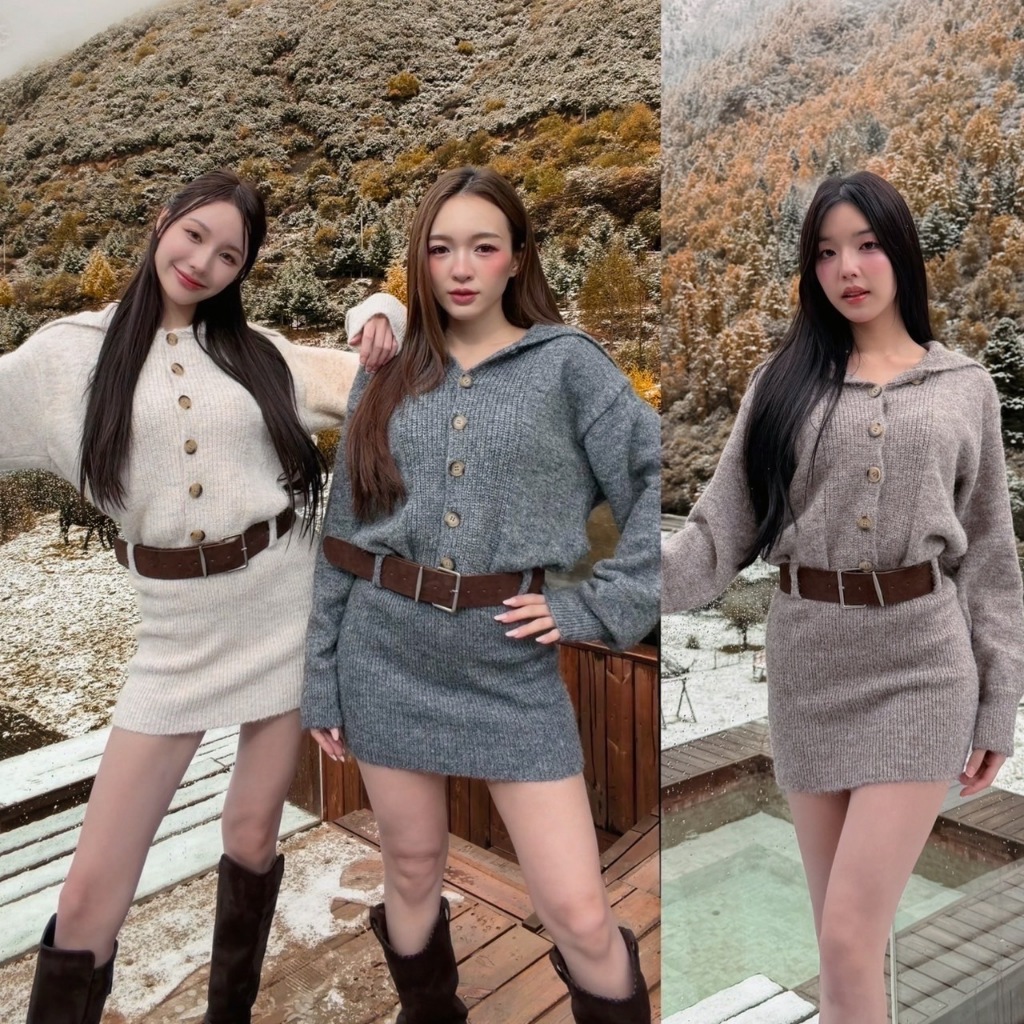 CO1148 | Classic Knit Belt Dress – เดรสไหมพรมพร้อมเข็มขัดสีน้ำตาล