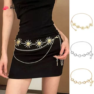 COD🔅เข็มขัดโซ่โลหะ หลายชั้น ย้อนยุคโลหะหน้ายิ้มดอกทานตะวันโซ่เอวผู้หญิงชุดตกแต่งอเนกประสงค์