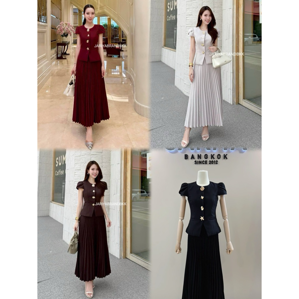 M11 งานป้าย Jariya Set ชุดเซ็ทเสื้อ+กระโปรงยาวอัดพลีท สำหรับผู้หญิง เสื้อผ้าแฟชั่นผู้หญิง ไซส์ S-XL