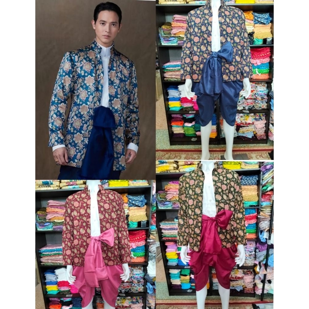 ชุดขุนเอก ชุดไทยผู้ชาย ชุดพี่หมื่นผ้าบล๊อกไม้อินเดียอัดกาว(เสื้อขาวตัวในเป็นแขนกุดนะคะ)