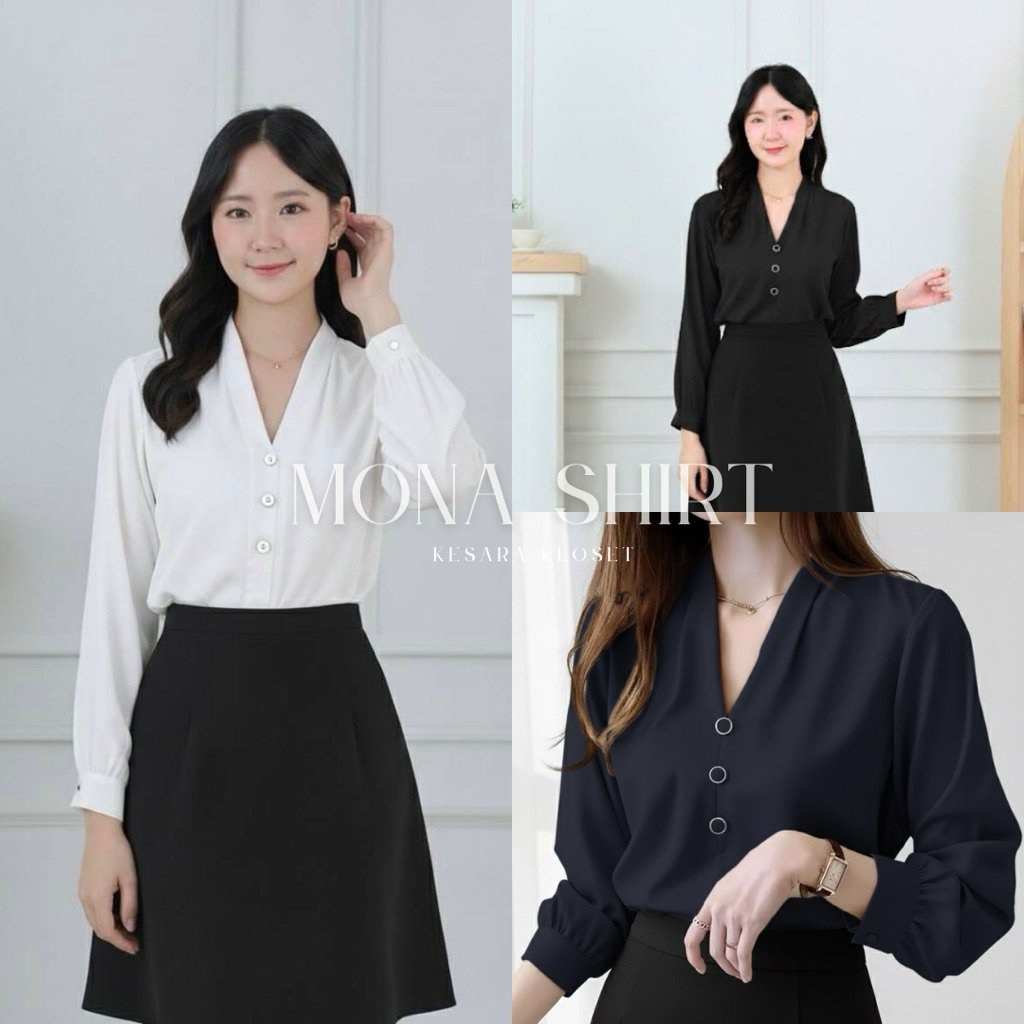 🎀MONA SHIRT เสื้อแขนยาว  คอวี กระดุมปั๊ม 3 เม็ด  ผ้าใส่สบายมาก เหมาะกับการใส่ได้หลายโอกาส