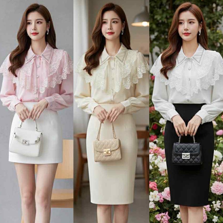 🔥พร้อมส่ง🔥เสื้อเชิ้ตคอปกเเขนยาวแต่งลูกไม้ที่อกคอประดับมุกเพชรตกแต่งสวยงาม