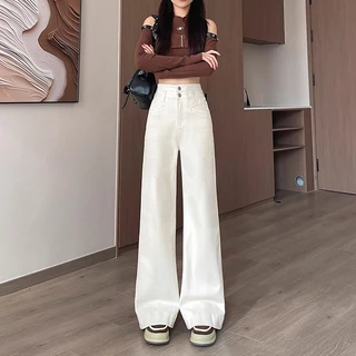 S~5XL jeans Straight-leg pants White Denim กางเกงยีนส์ขาตรงสีขาวสุดเทรนด์ กางเกงเอวสูง ทรงหลวม ลำลอง และอเนกประสงค์ HOT