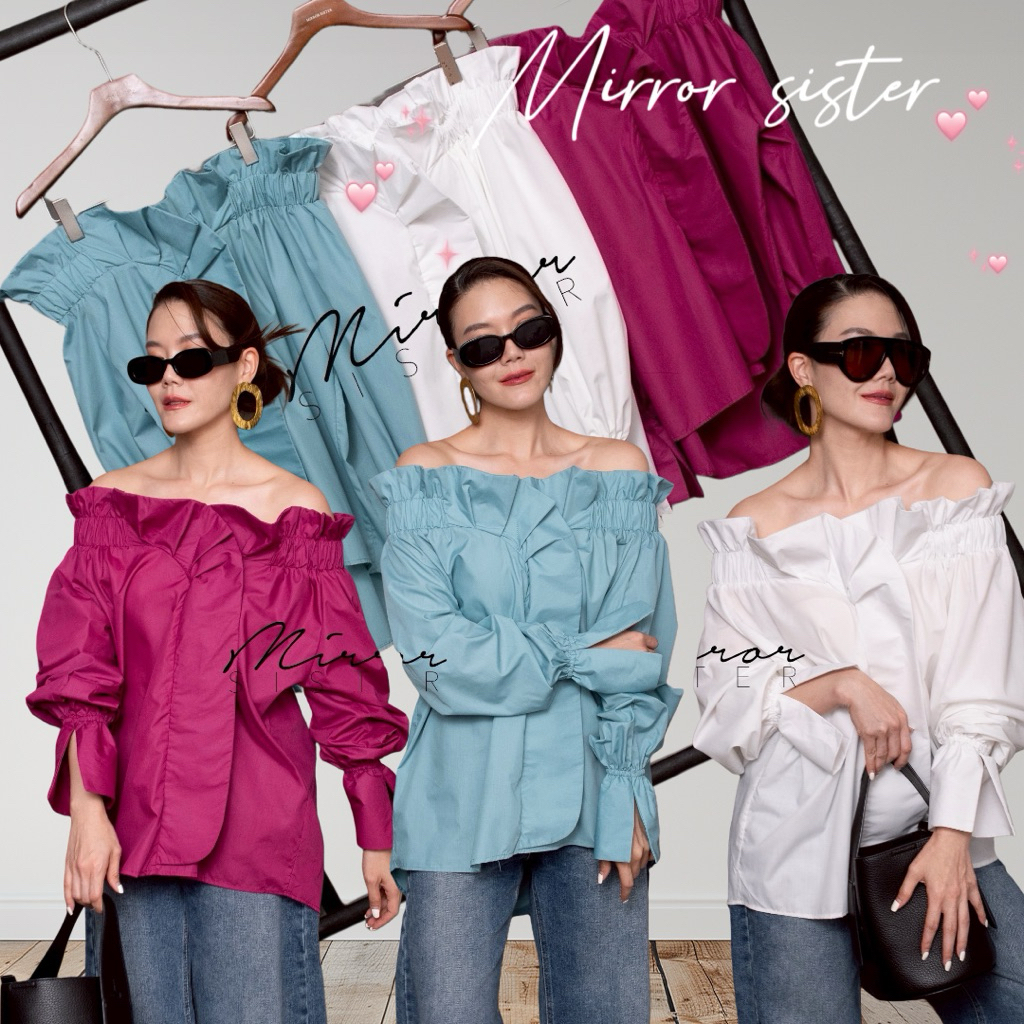 MirrorsisteR 51105.5 • เสื้อเปิดไหล่ทรงโบโฮหรู ดีเทลระบายช่วงคอและแขน ดีไซน์ยืดสม็อคช่วงไหล่