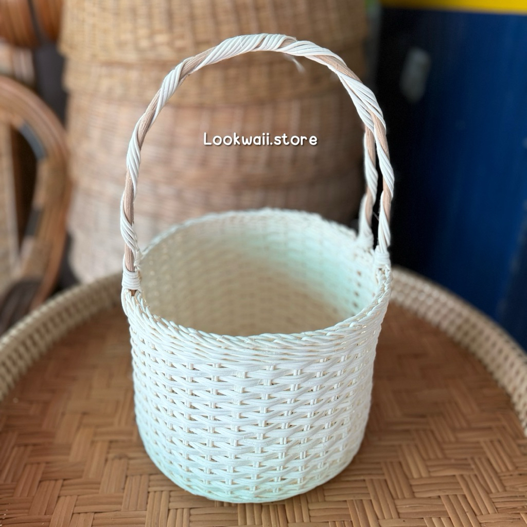 ตะกร้าไส้หวายวงกลมถักลาย ตะกร้าหวาย กระเช้าหวาย ใบใหญ่มาก ใส่ขวดน้ำใหญ่ได้ 4 ขวด