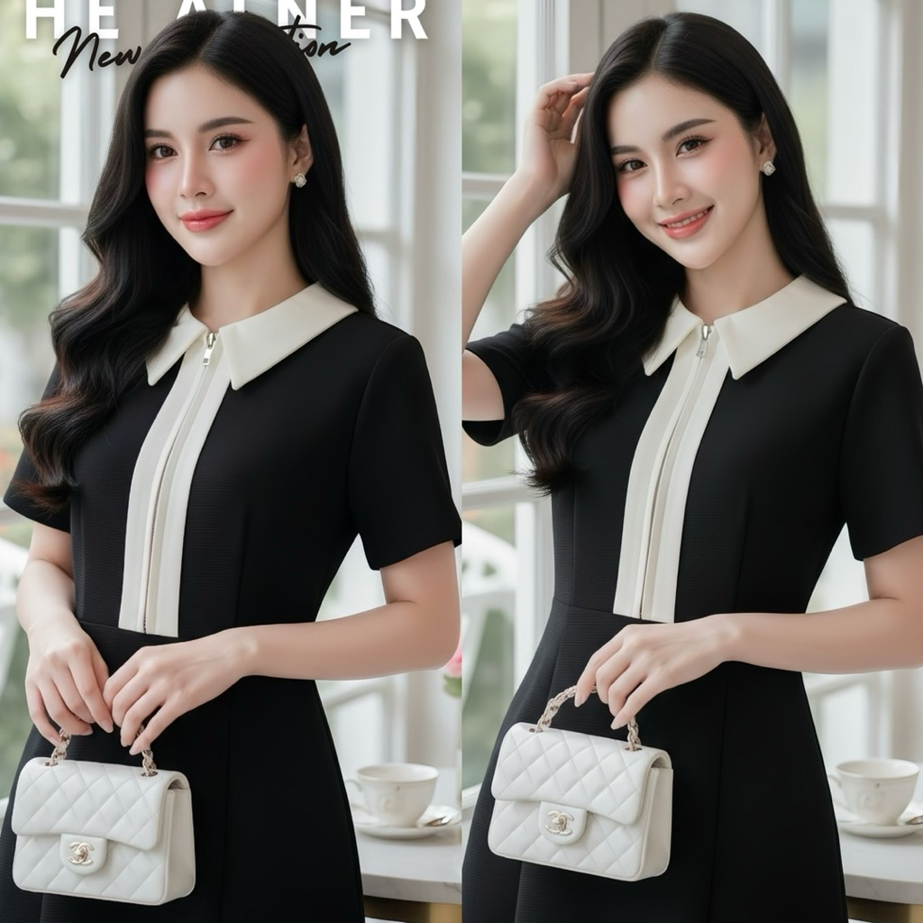 Thealner-AN866 (เดรสดำคอปกครีมแขนสั้น)