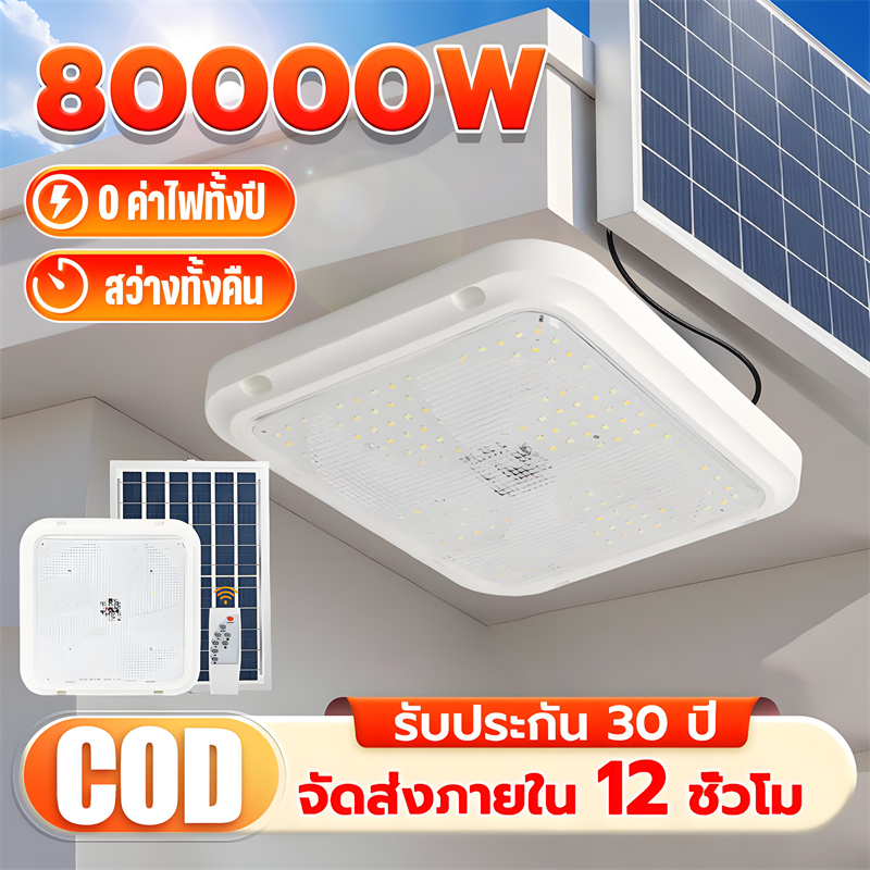 ONECUTE โคมไฟเพดาน ไฟโซล่าเซลล์ 80000W Solar Light ไฟโซล่าเซลล โคมไฟเพดาน สว่างอัตโนมัติเมื่อฟ้ามืด ชาร์จไฟอัตโนมั