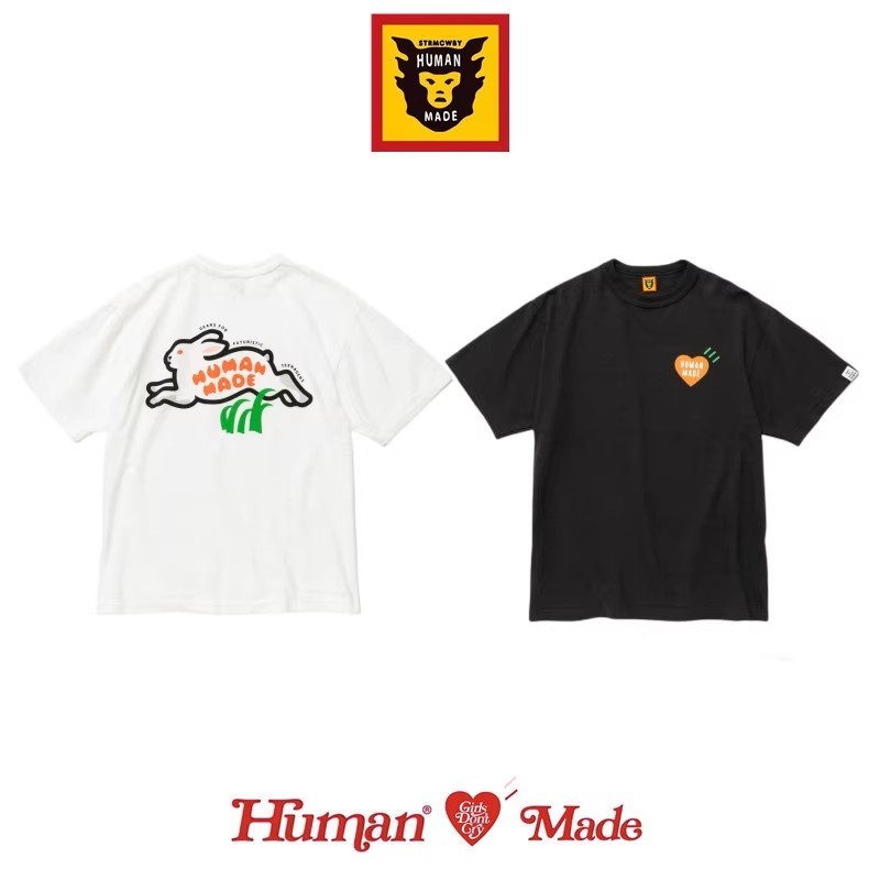 HUMAN MADE หน้าอกรักหลังกระต่ายหญ้าไม้ไผ่ Slub ผ้าฝ้ายคู่รักแขนสั้นเสื้อยืด