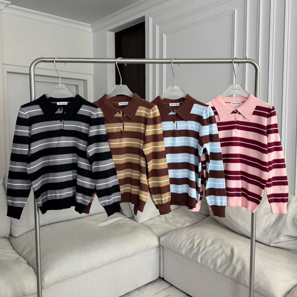 PTPL3750 เสื้อโปโลไหมพรมแขนยาวลายทาง PROMTHONG