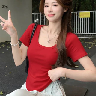 เสื้อยืดเข้ารูป สไตล์เกาหลี สีพื้น ผ้านุ่มนิ่มใส่สบาย แฟชั่นผู้หญิงวัยรุ่นสวยๆ เสื้อยืดผู้หญิง B138