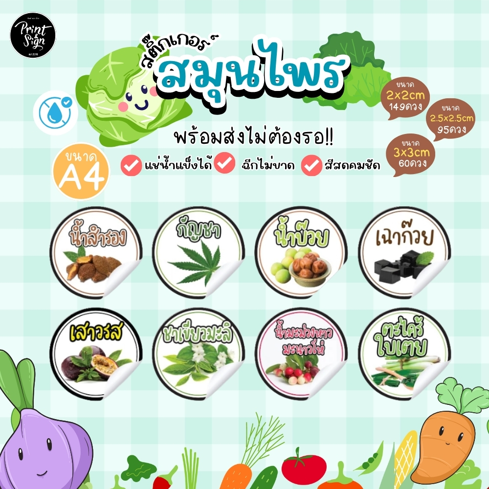 สติกเกอร์ฉลากสินค้ากันน้ำ 100%  A4++น้ำสำรอง กัญชา น้ำบ๊วย เฉาก๊วย เสาวรส ชาเขียวมะลิ อื่นๆ