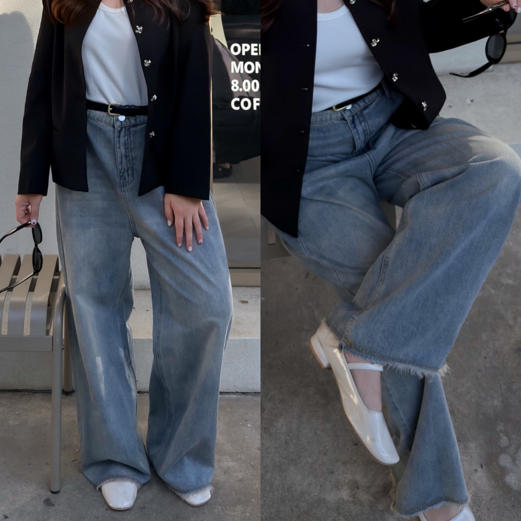 (❤️เอวสูงถึง 46") Wide Leg Jeans กางเกงยีนส์สาวอวบ