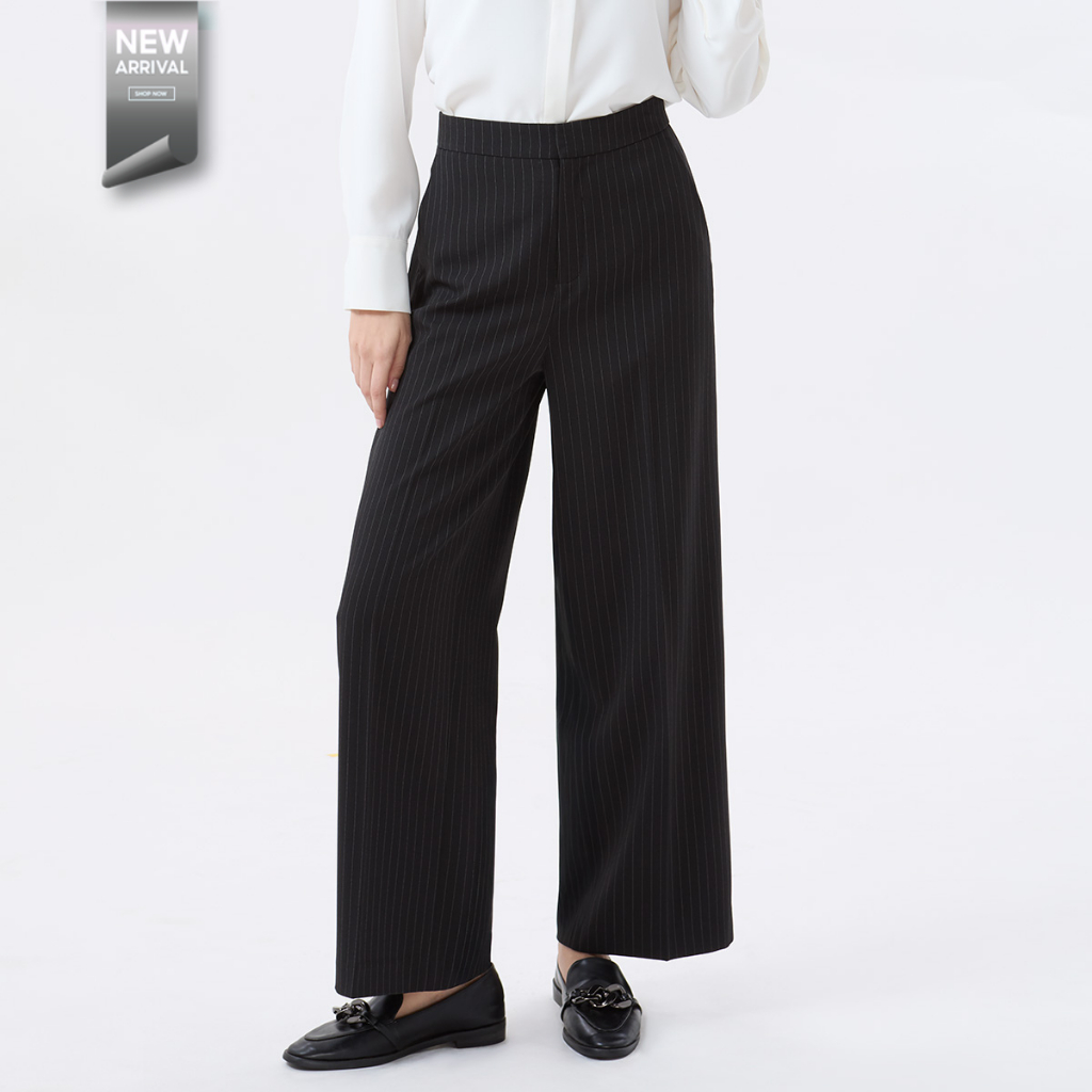 ESPADA กางเกงขากว้างลายพินสไตรป์ ผู้หญิง สีดำ | Pinstripe Wide-Leg Pants | 05096