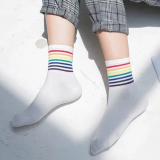 ถุงเท้า 6 คู่ เลือกสีได้ สีขาว สีเข้ม ลายรุ้ง สีสันสดใส Socks ถุงเท้าฟรีไซส์ พร้อมส่ง