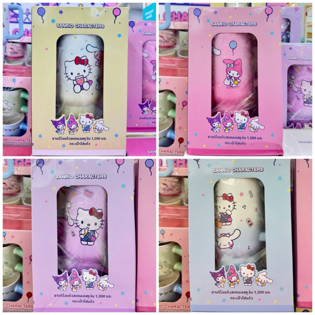 (พร้อมส่ง) Momento x Sanrio ซานริโอ้ แก้วน้ำสแตนเลสหูจับ 1200 มล. แถม กระเป๋าใส่แก้ว คิตตี้ คุโรมิ มายเมโลดี้ ชินนามอน