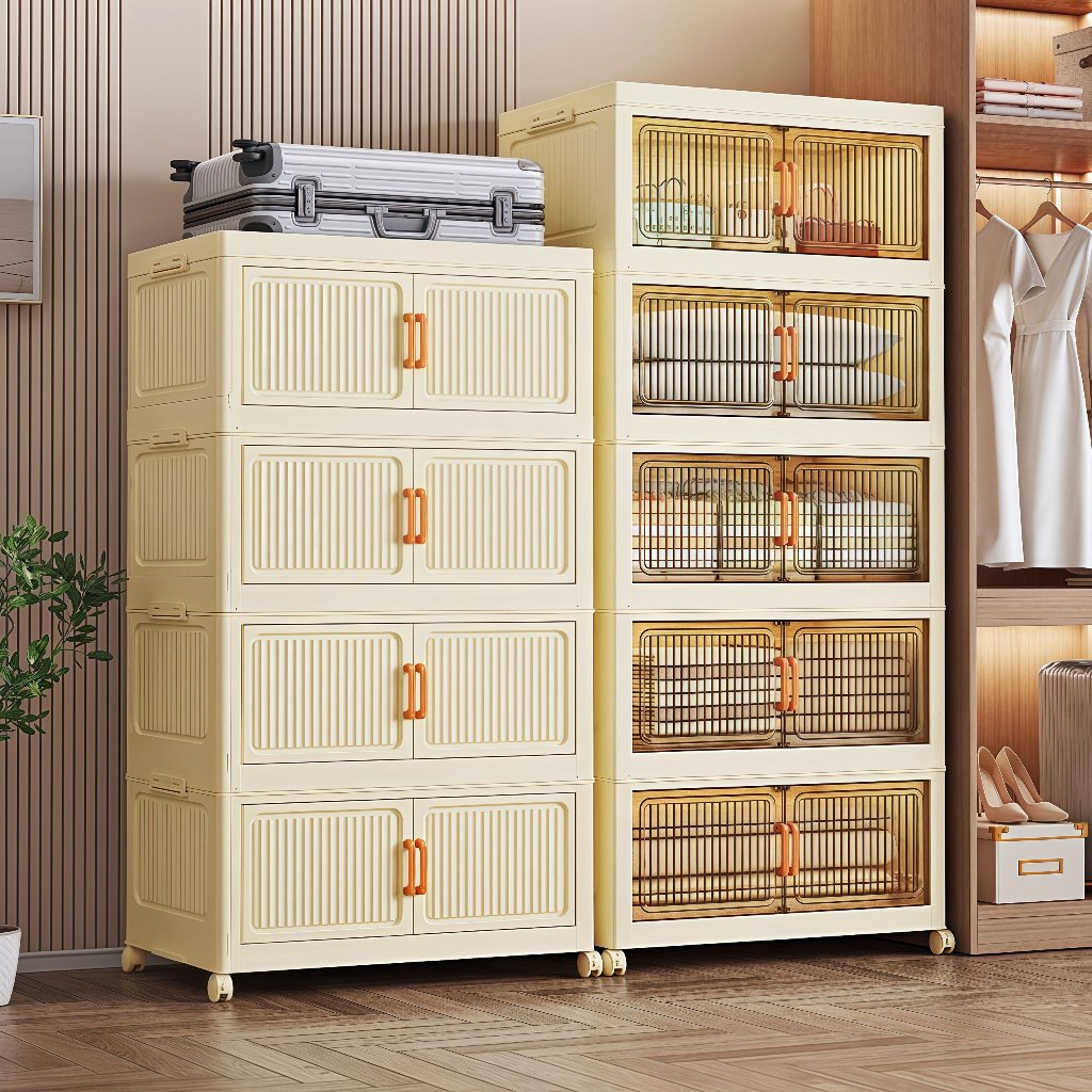 Kaman ตู้เก็บของ ตู้เก็บของพับได้ 80CM ขาว/ใส ✨แรงค์200KG+ล้อล็อก!✨ ราคาถูกสุดในเครือข่าย+จัดส่งฟรี