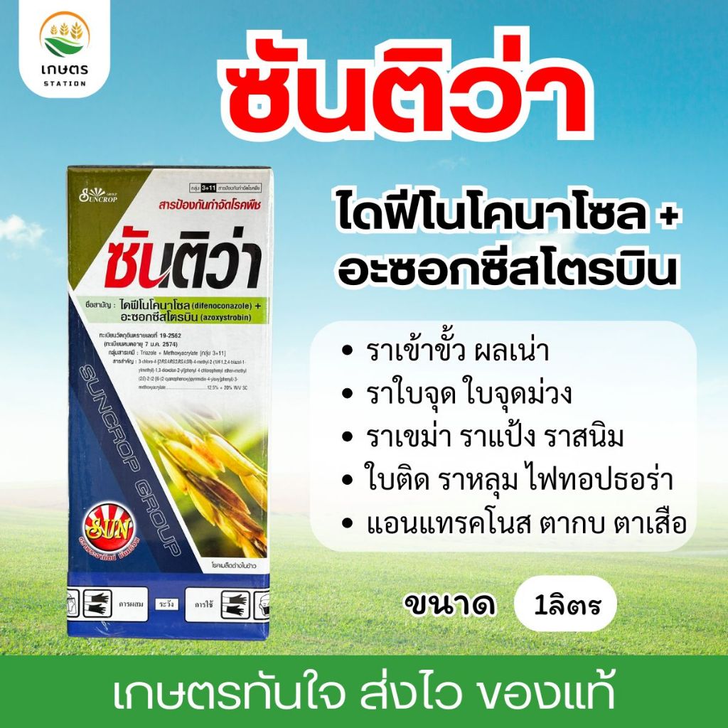 ซันติว่า สารเดียวกับ ออติว่า อะซอกซีสโตรบิน+ไดฟีโนโคนาโซล ป้องกันกำจัดโรคเมล็ดด่าง ใบจุดสีน้ำตาล ในไม้ผล และนาข้าว 1ลิตร