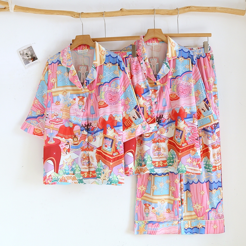 ชุดนอน Muslin Pajamas Silk Satin รุ่น Pink Castle (W2204 V2204) | ชุดนอนชุดเที่ยว