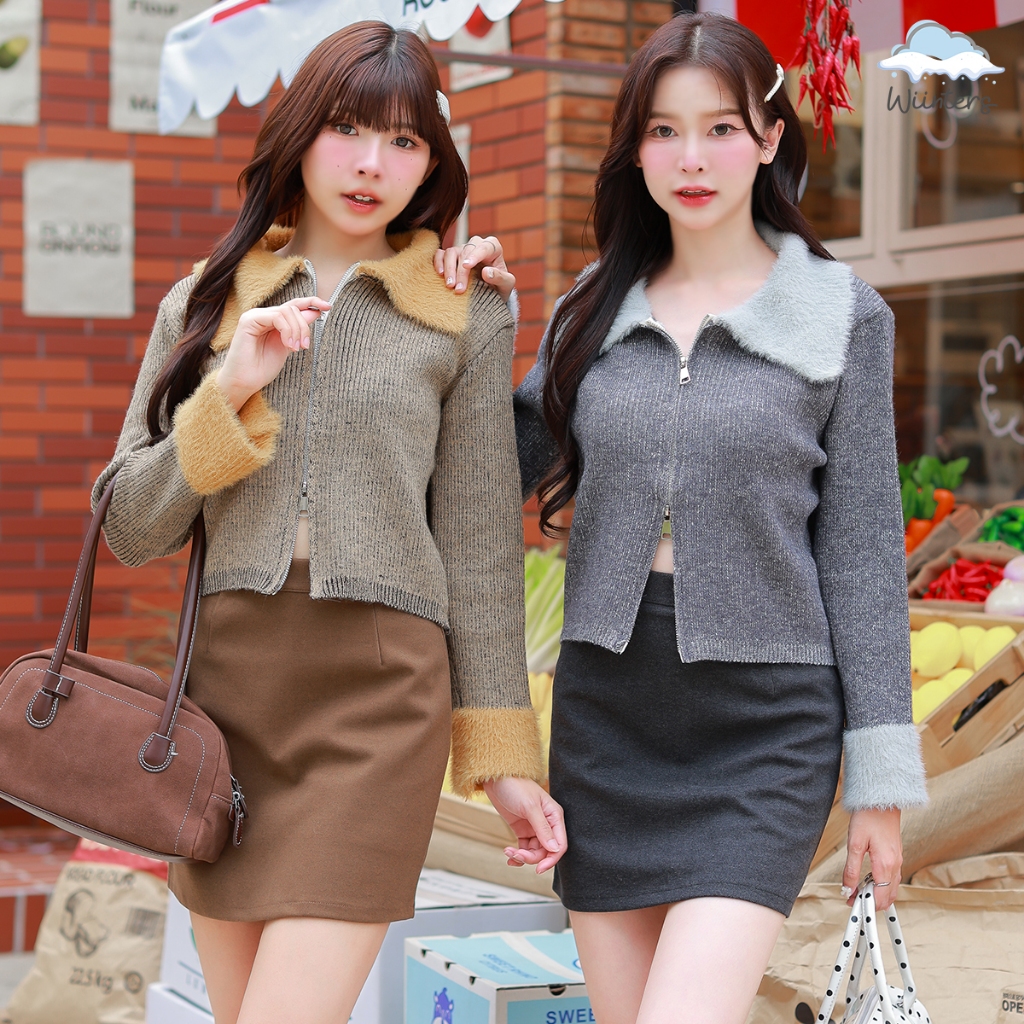 [ Vivian Sweater ] เสื้อไหมพรม สเวตเตอร์ ทรงครอป ดีเทลแต่งขน น่ารักมากๆ มีซิป เปิด-ปิดได้