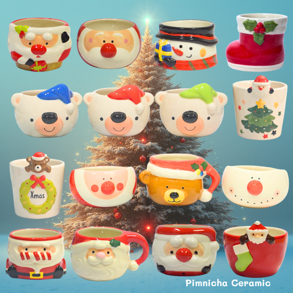 Christmas แก้วญี่ปุ่น เซรามิก อเนกประสงค์ แก้วน่ารัก ลายคริสต์มาส (หากต้องการทำเป็นกระถาง ทักแชทเจาะรูให้ฟรี)