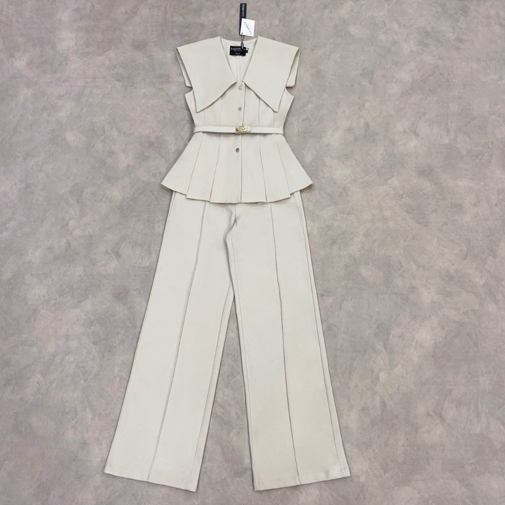 THE CLOSETA : LB587 ชุดเซ็ทเสื้อทรงคอปกใหญ่กระดุมหน้า พร้อมเข็มขัด กางเกงขายาวเข้าชุดผ้าสูท ราคา ถูกที่สุด ดีลบีเคเค แกลเลอรีภาพที่ 9