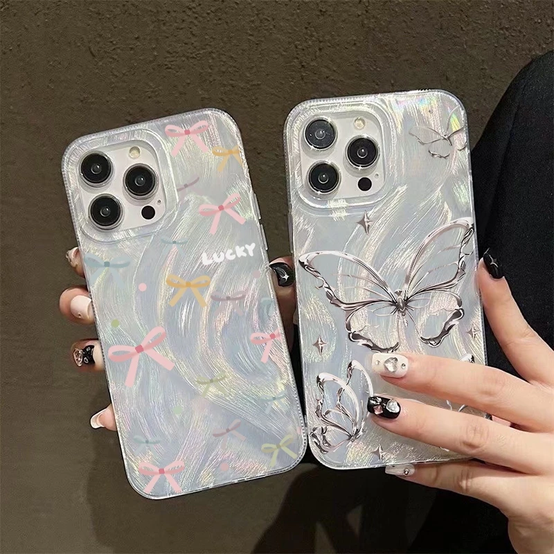 เคสไอโฟน 17 16 เคส Feather Laser Bow Case For iPhone 11 12 13 14 15 Pro X XR XS MAX 7 8 Plus SE เคสโทรศัพท์ เคสไอโฟนสวยๆ