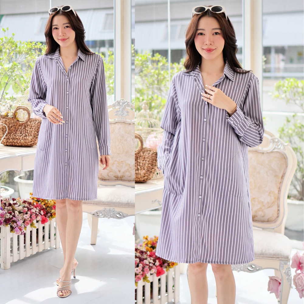 dress shirt เดรสเชิ้ตตัวยาวทรงแขนยาว งานคอตตอน ชุดเดรสยาว เดรสเชิ้ตสีสวย