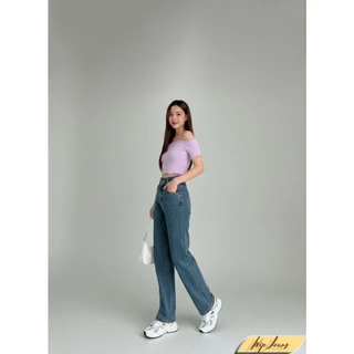 📌มีไซส์ใหญ่Sถึง5XL กางเกงยีนส์ผู้หญิงเอวสูงทรงกระบอกผ้ายืดขากว้างกระดุมคู่ Wide Leg Jeans High Waisted 😍 B046