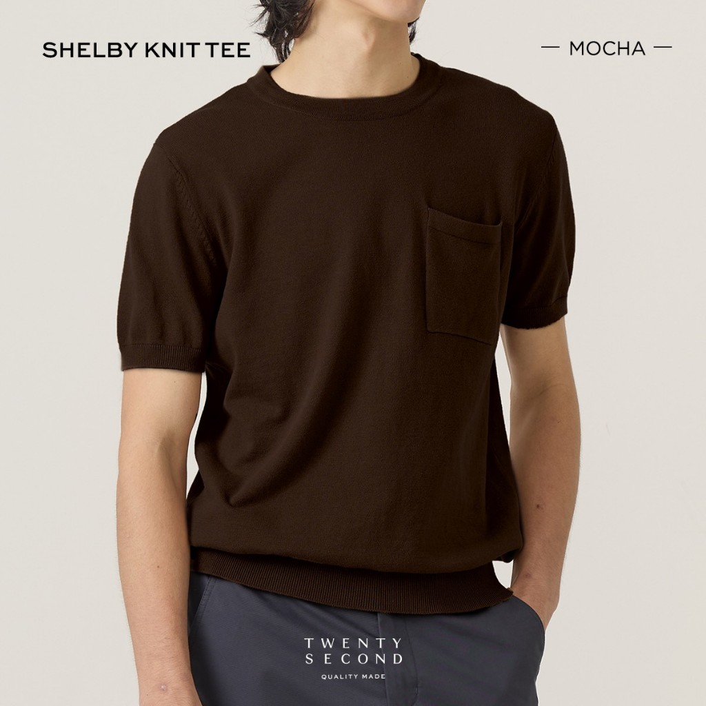 TWENTYSECOND เสื้อยืดแขนสั้นผ้า Knit รุ่น Shelby Knit Cotton Tee - น้ำตาลเข้ม / Mocha