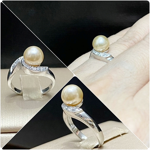 (4-1)แหวนมุกแฟชั่น แหวนมุกเพชรจิกไข่ปลา ไข่มุก 8 มิล ชุบทองคำขาว