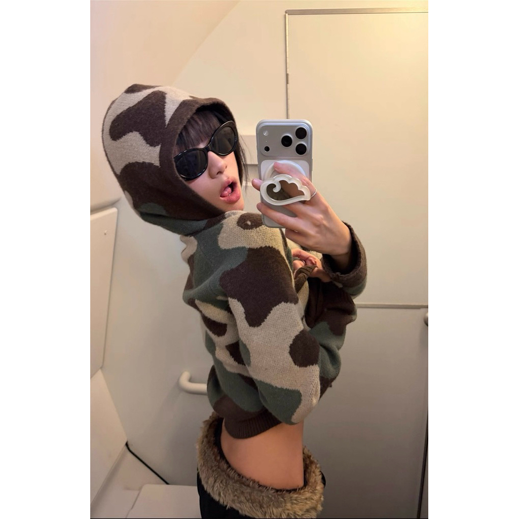 [Pre-Order] CGGA | Camo Heart Knit Hoodie – Loose Fit Cardigan Jacket❤️