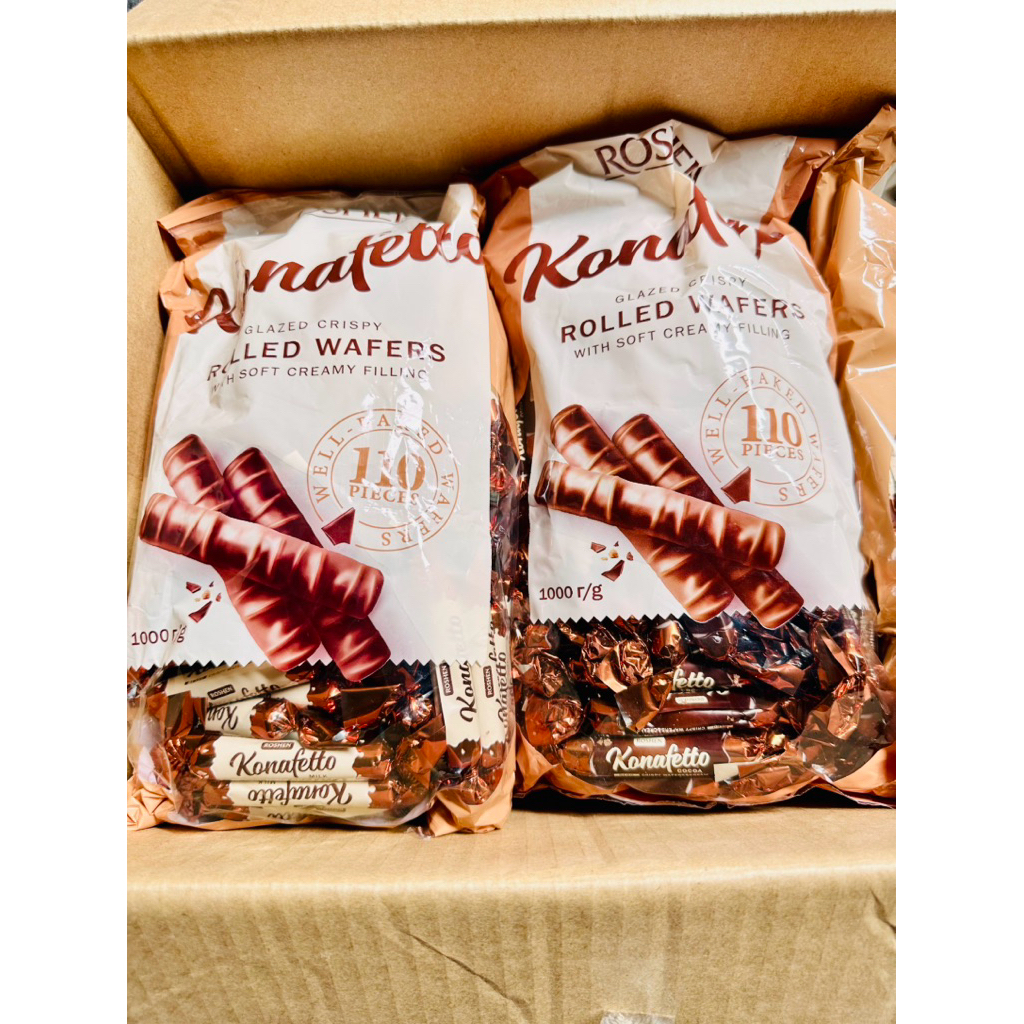 มาใหม่ !! Roshen Konafetto เวเฟอร์ม้วนกรอบเคลือบช็อกโกแลตสอดไส้ครีม นำเข้าจากยูเครน ขนาด1,000 กรัม มี110 ชิ้นคุ้มมากก!!