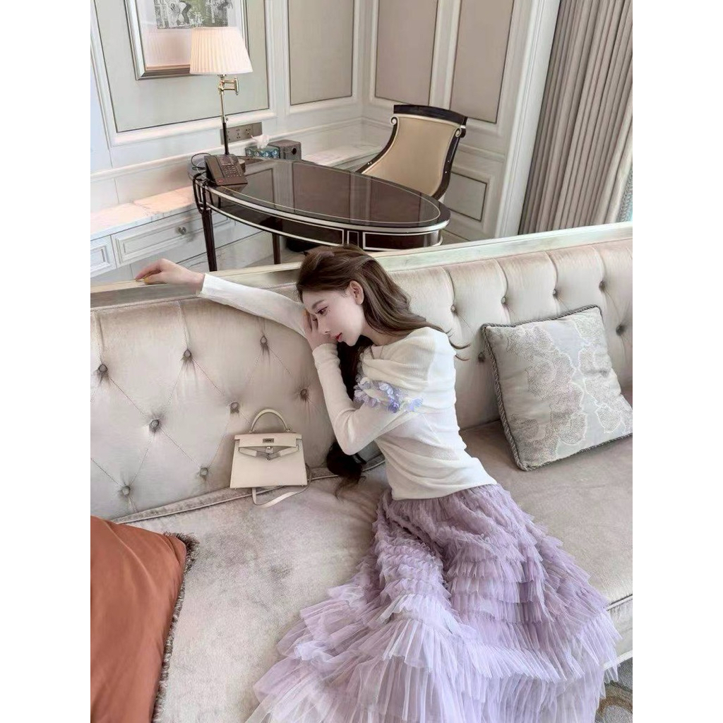 กระโปรงยาวผ้ามุ้งชั้นไล่ชั้น ไล่เฉดสี 3 สี สีเขียนตามสีขอบเอวยางยืด #823 - รูปที่ 5