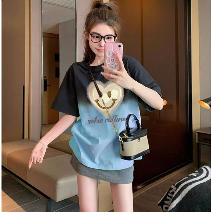 เสื้อยืดมัดย้อมผู้หญิงแฟชั่นเกาหลี oversize เสื้อผ้าสาวอวบคนอ้วนไซส์ใหญ่ เสื้อโอเวอร์ไซส์หลวมของเวอร์ชั่น ลายการ์ตูน 3XL