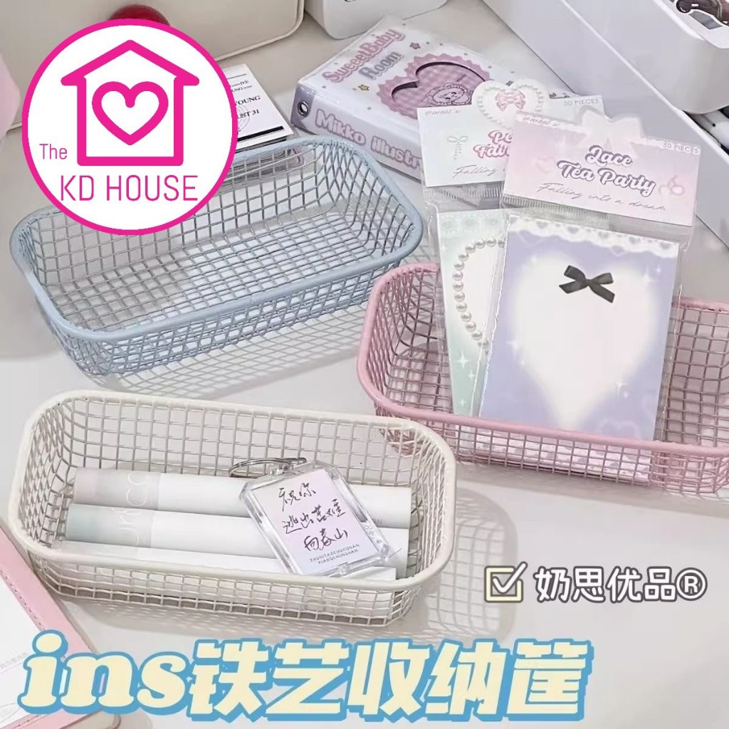 พร้อมส่งในไทย ตะกร้าใส่ของแบบพับได้ ตะกร้าเก็บของ/ ตะกร้าเหล็ก สีพาสเทลใส่ปากกาน่ารัก
