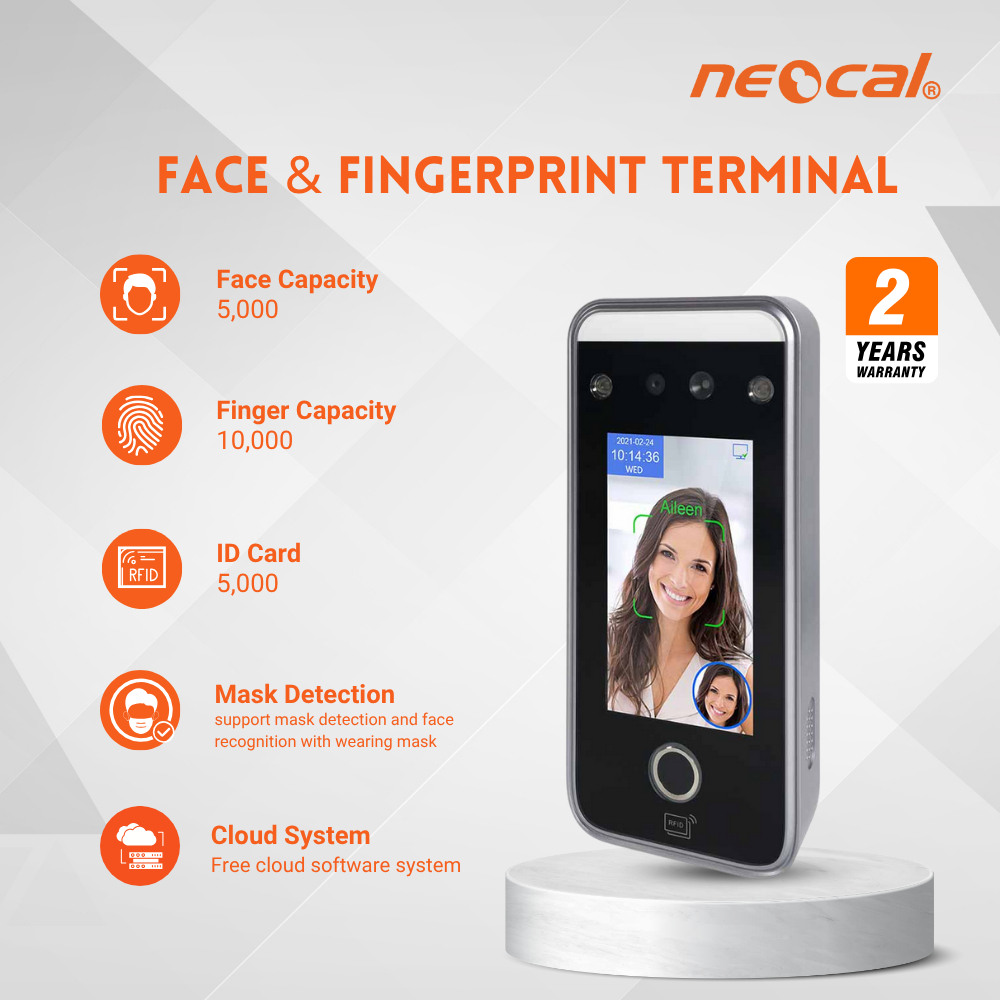 Neocal เครื่องใช้สำนักงาน นีโอแคล เครื่องสแกนใบหน้าและนิ้วมือ ND-AI06F สีดำ รองรับผู้ใช้ 5,000 คน แจ้งเตือนเข้างานผ่าน