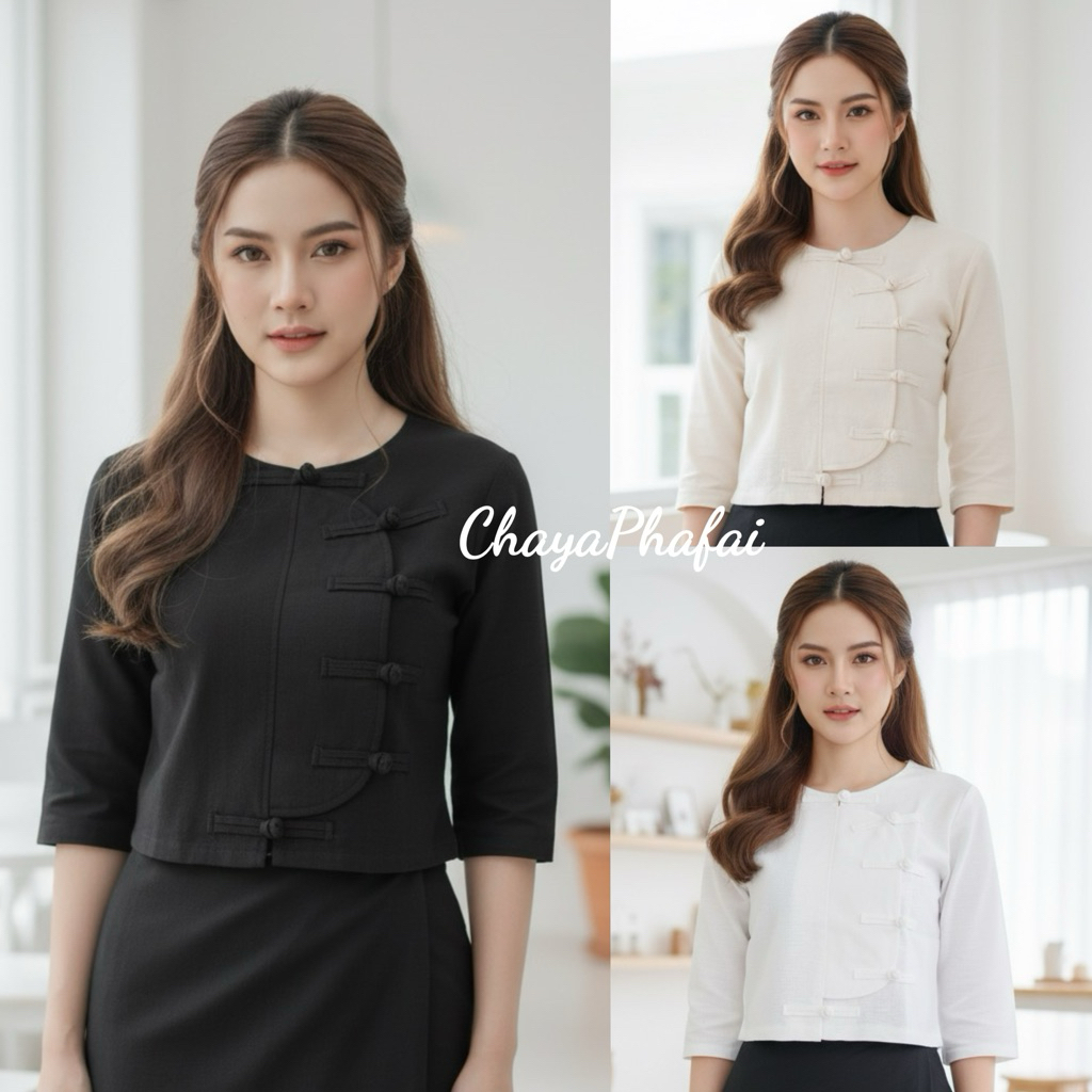 เสื้อคอกลมป้ายข้างกระดุมขอด เสื้อป้ายข้างรุ่นดอกปีบ