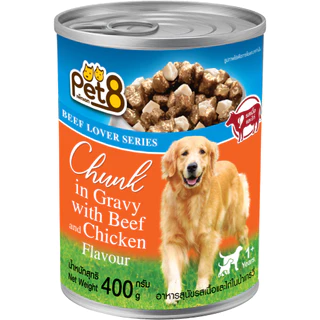 Pet8 อาหารเปียกสุนัข ชนิดชิ้นเนื้อในน้ำเกรวี่ 1 กระป๋อง 400g มี 4 รสชาติ สูตรควบคุมความเค็ม