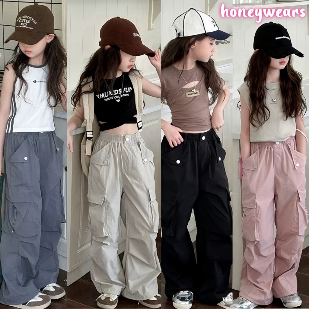 honeywears⚡️พร้อมส่ง⚡️กางเกงคาร์โก้เด็กผู้หญิงเท่ๆ ขายาว ทรงตรง แฟชั่นฤดูร้อน ไซส์ 120-160