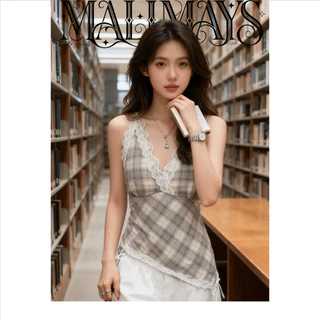 MALIMAYS Hunny Top เสื้อคล้องคอสก็อตแต่งลูกไม้ ma_b01