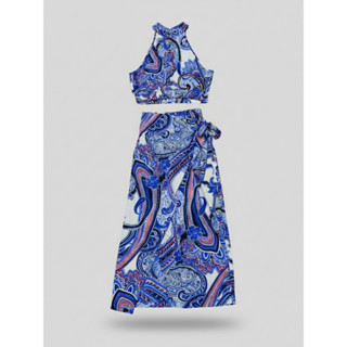 ชุดเซ็ทกระโปรง สีฟ้าทะเล ผ้าโพลีเอสเตอร์