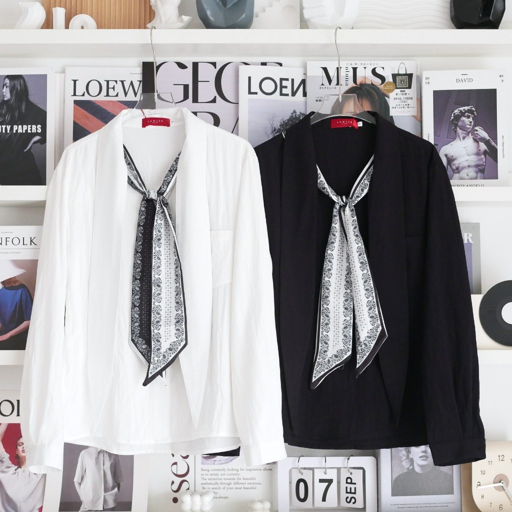 Lawyer Store | [924917] เสื้อเชิ้ต แขนยาว ผ้าพันคอพิมพ์ลาย แถมผ้าพันคอไปให้(ถอดออกได้) เนื้อผ้าอัดยั