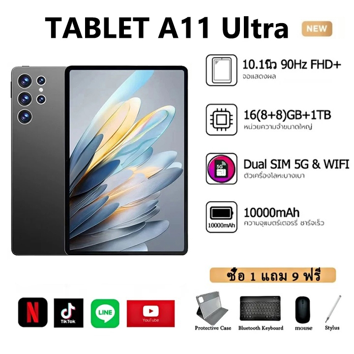 Tablet A11 Pad แท็บเล็ต 10นิ้ว  ซิมการ์ดคู่ แบตเตอรี่ขนาดใหญ่ 10000mAh 5G+WiFi 1TBROM+16GB Android15