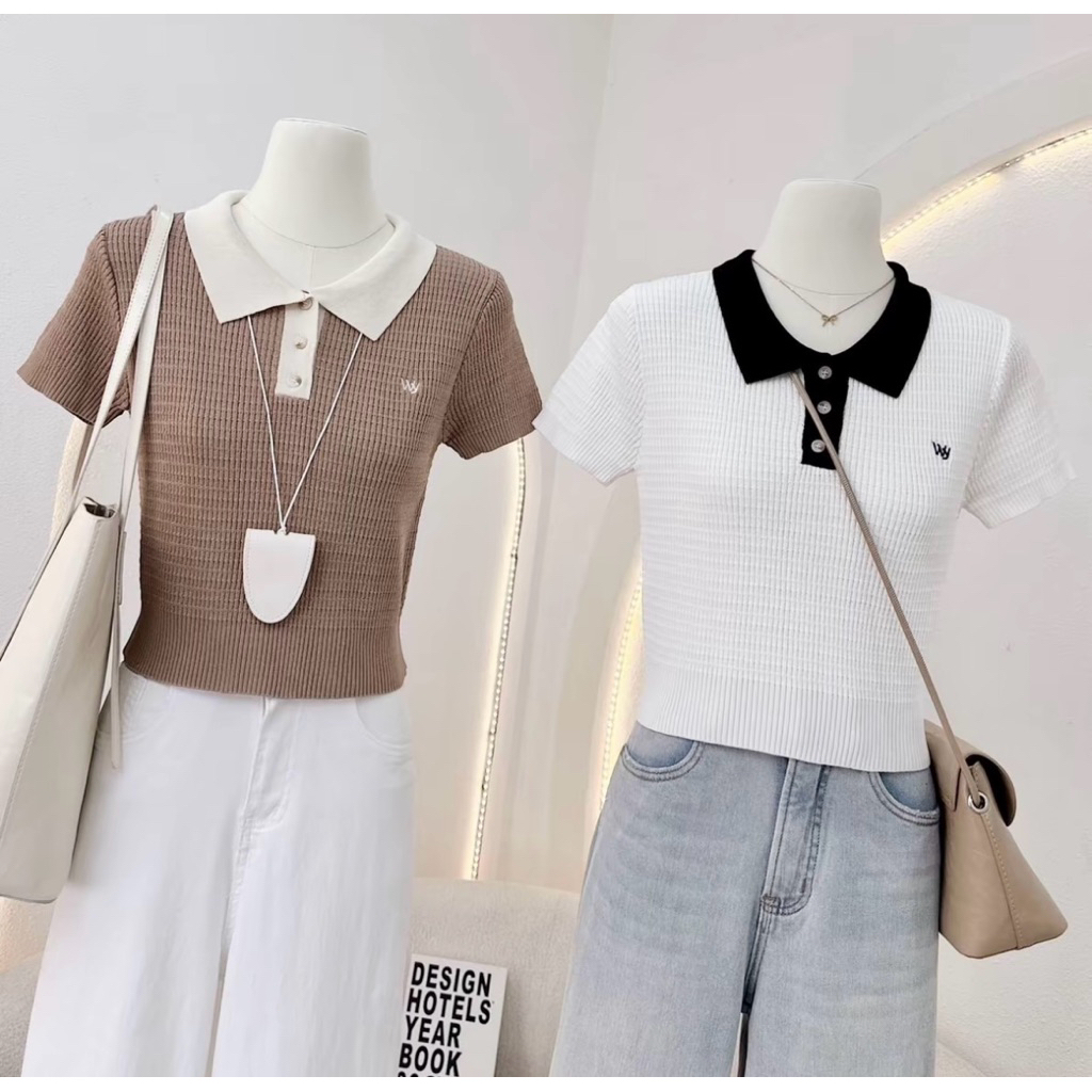 miniminey🍒เสื้อคอปกไหมพรม ทูโทน เนี้ยบมากผ้านุ่ม งานWAYA