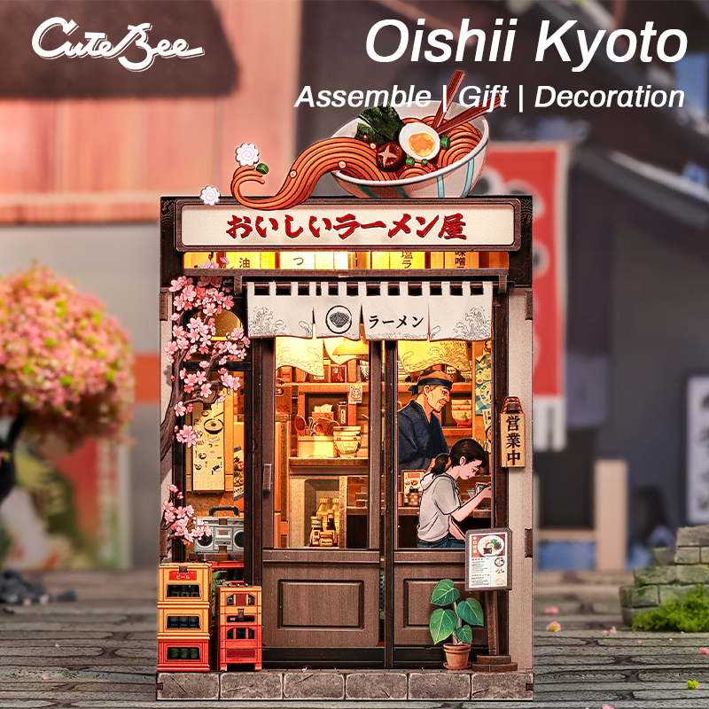 CUTEBEE BNKS01 Book Nook DIY บ้านตุ๊กตา บ้านของเล่น ร้านราเมนญี่ปุ่น ปริศนาไม้ รวมถึงฝาครอบกันฝุ่น