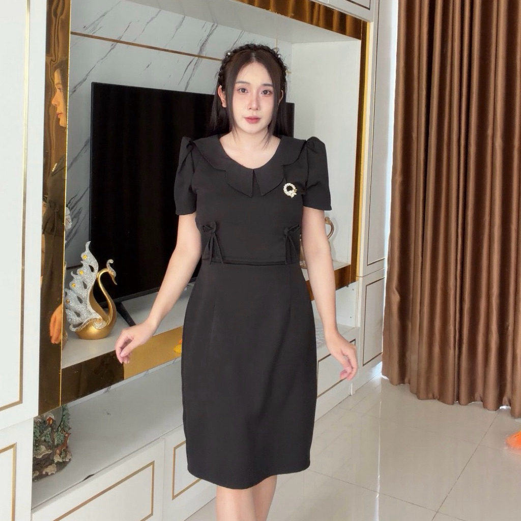 รอของ2-4วัน ชุดเดรสสีดำสุภาพผ้าบาบี้เปเป้ผ้าไม่บางใส่สบายด้านหลังซิปซ่อน - รูปที่ 2